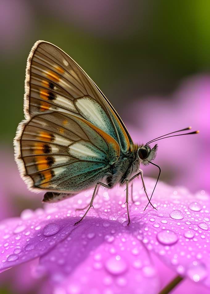 Butterfly on a wet pink flower