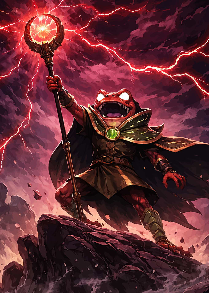 Red Frog Wizard with Lightning Staff