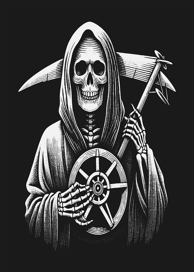 Grim Reaper with Scythe and Ship's Wheel