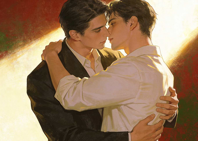 Two men embracing romantically