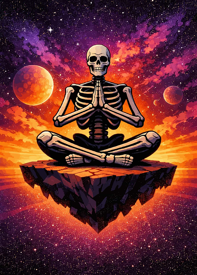 Skeleton meditating in space