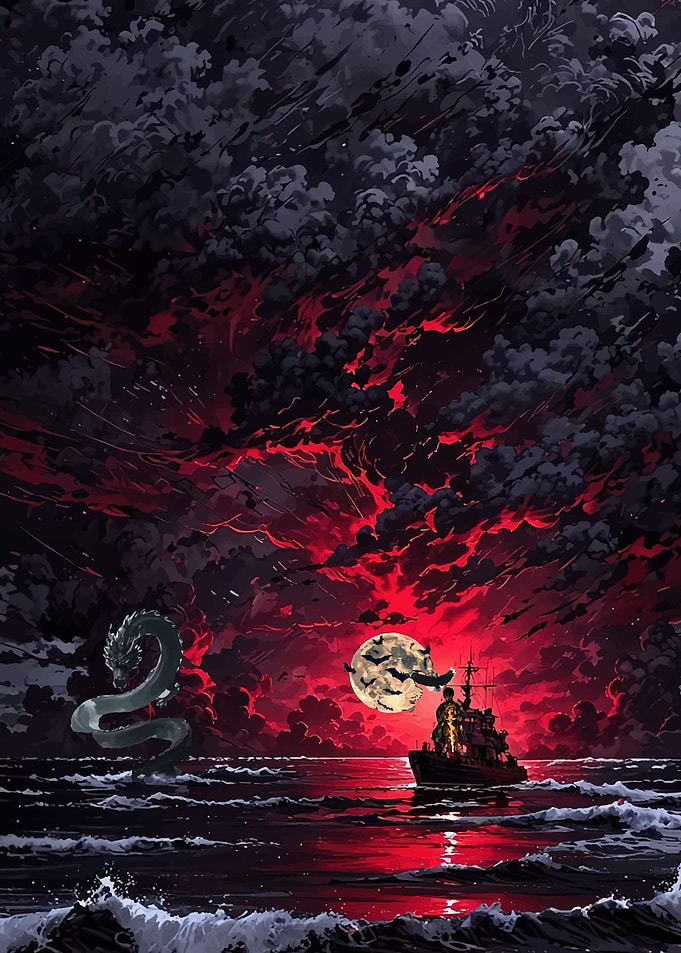 Dragon and Ship Under Red Sky