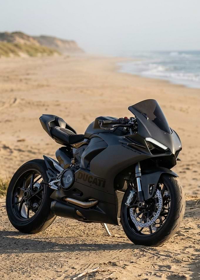 Matte Black Ducati Motorcycle on Beach