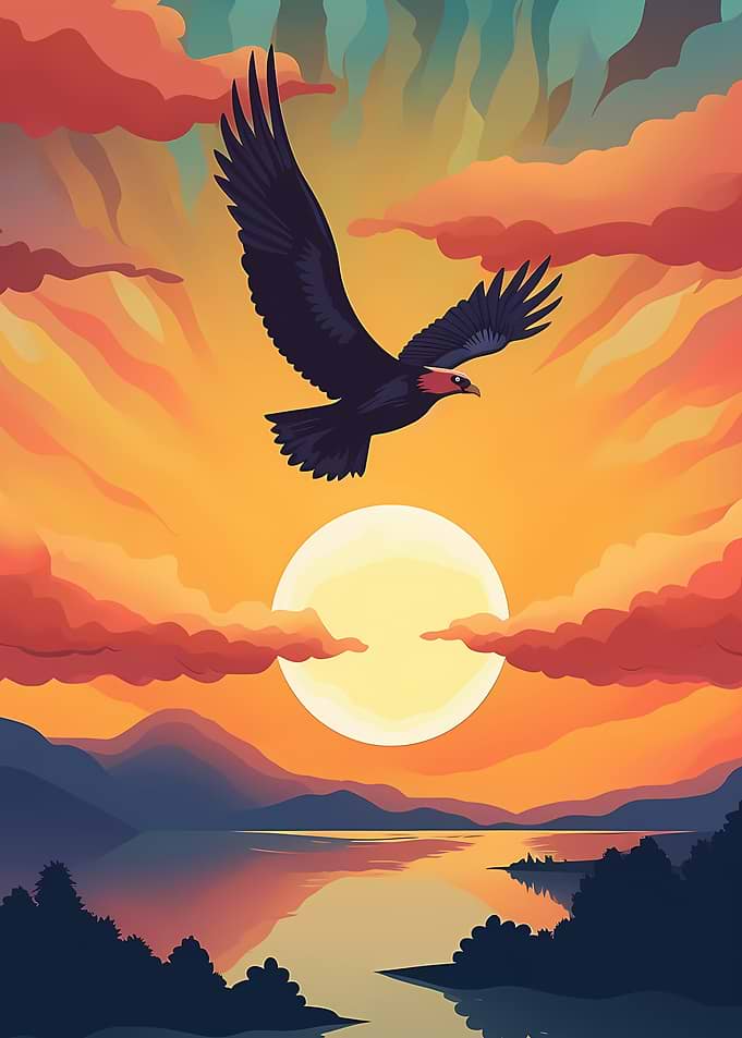 Eagle flying over a sunset lake