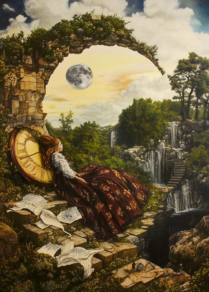 Woman by a Clock and Waterfall