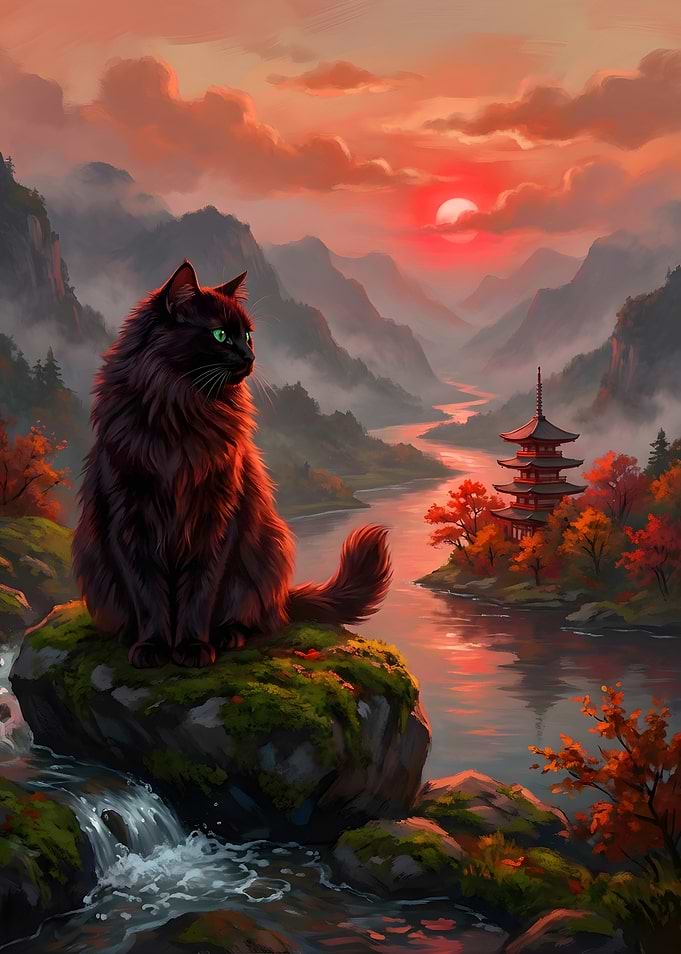 Black Cat at Sunset Over Japanese Landscape