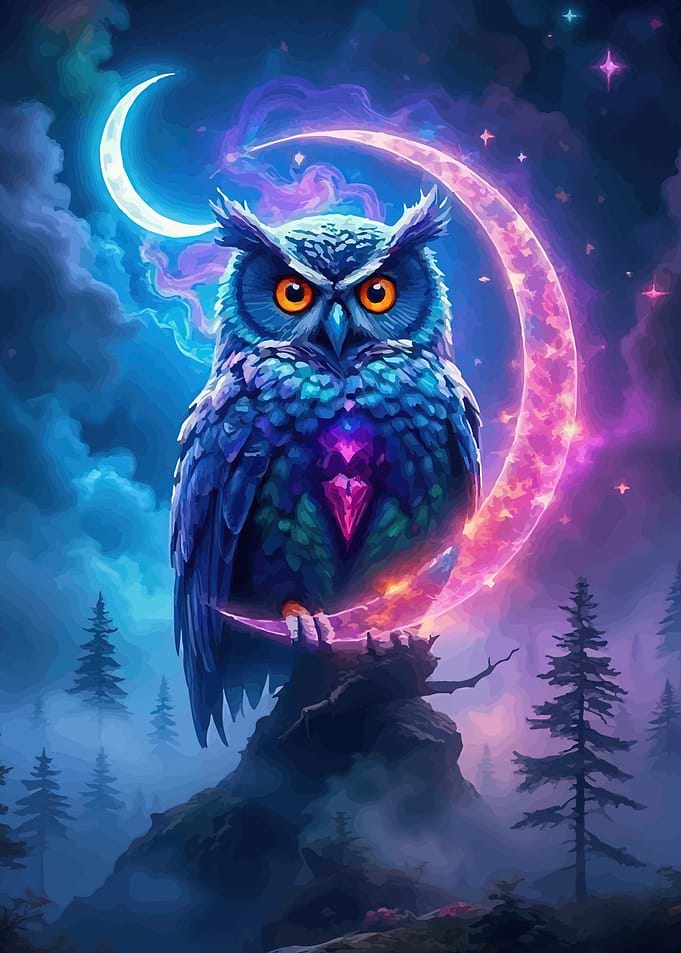 Mystical Owl on Crescent Moon