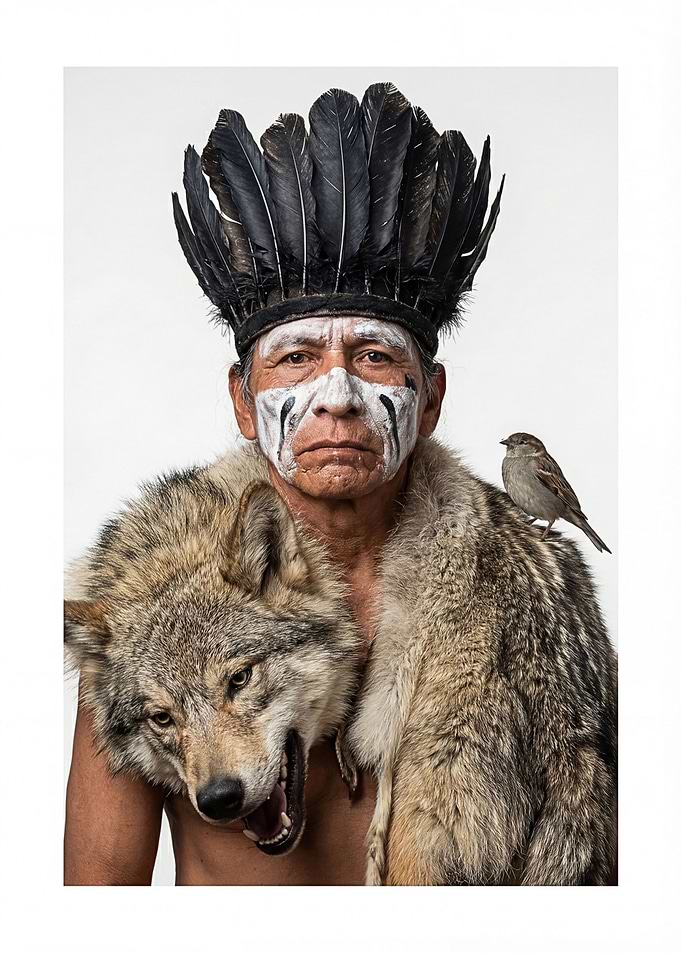 Native American Man with Wolf and Sparrow