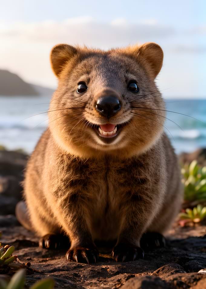 Happy Quokka on a Rocky Shore