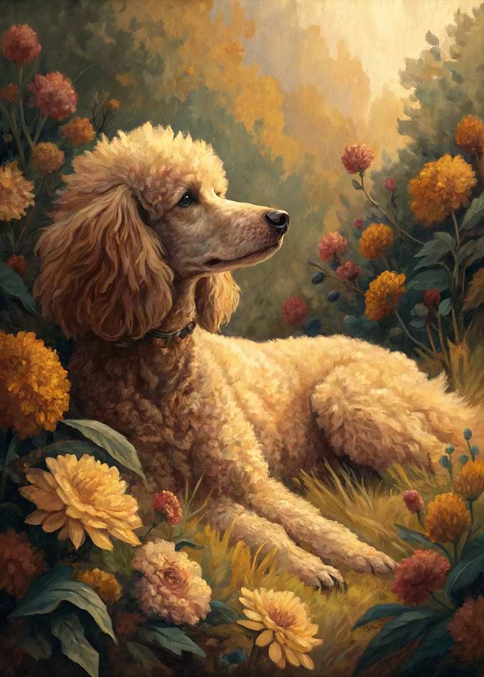 Poodle in a Floral Garden