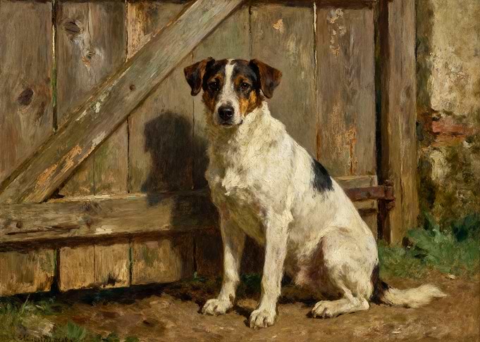 Dog sitting by a wooden gate
