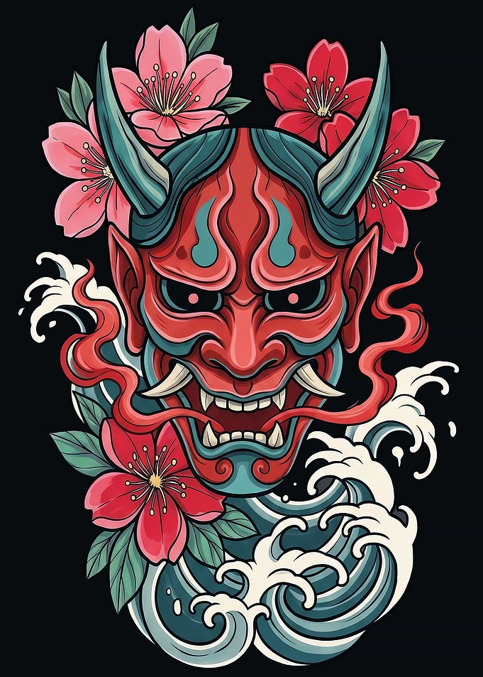 Japanese Oni Mask with Cherry Blossoms