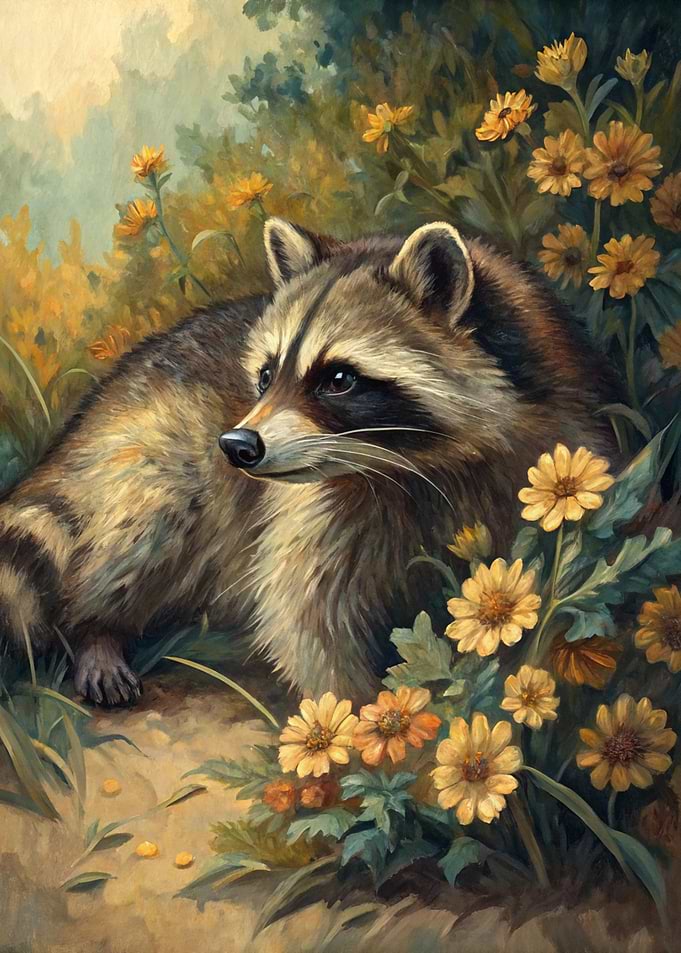 Raccoon in a Field of Flowers