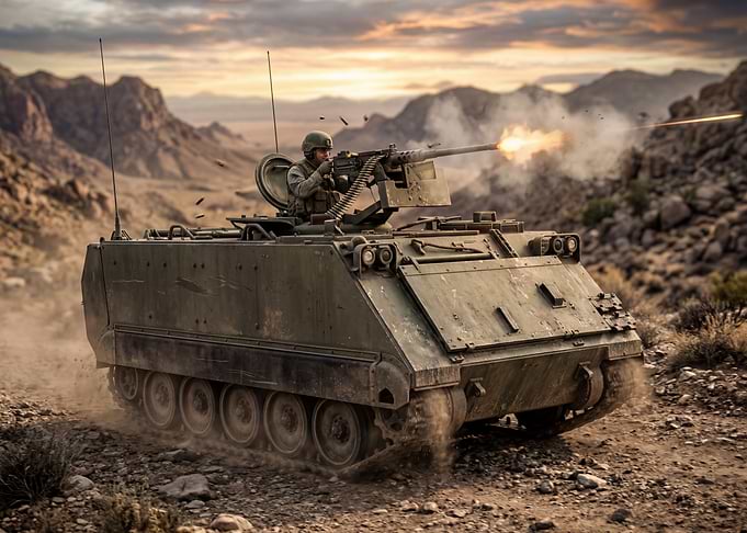 Armored vehicle firing in desert