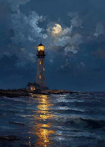 Moonlit Lighthouse on Rocky Shore