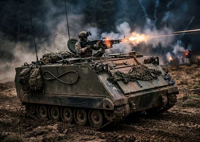 Soldier firing machine gun from armored vehicle