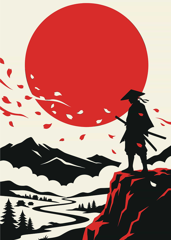Samurai Overlooking a Japanese Landscape