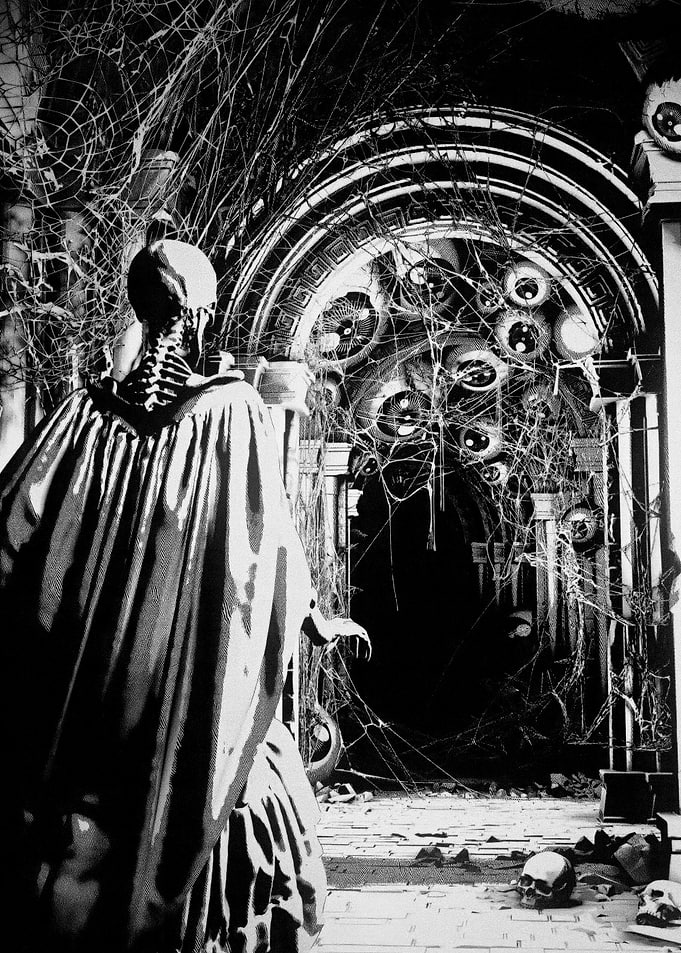 Skeleton Figure in Cobweb-Covered Archway