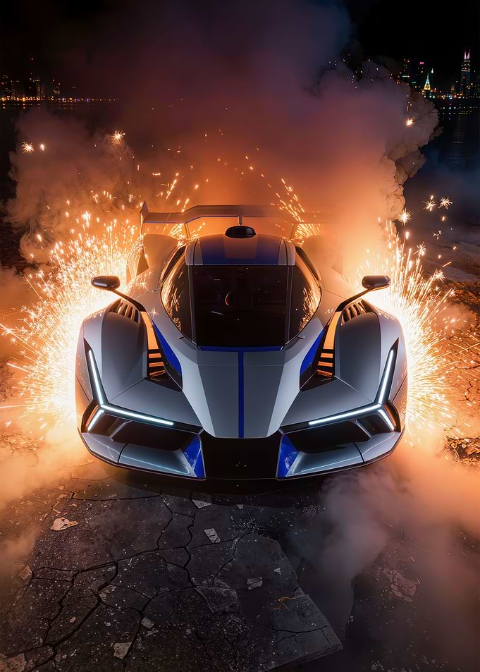 Futuristic Sports Car with Fireworks