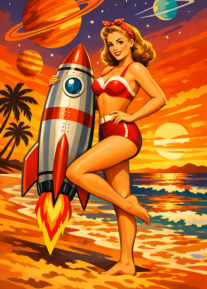 Pin-up Girl with Rocket on Beach 1950