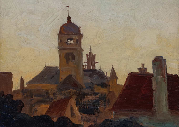 Cityscape painting at dusk