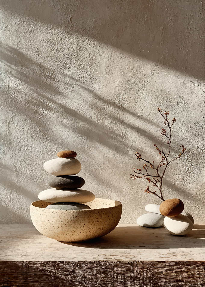 Zen stones in a bowl with branch