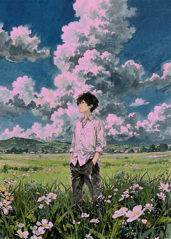Young man in a field of flowers