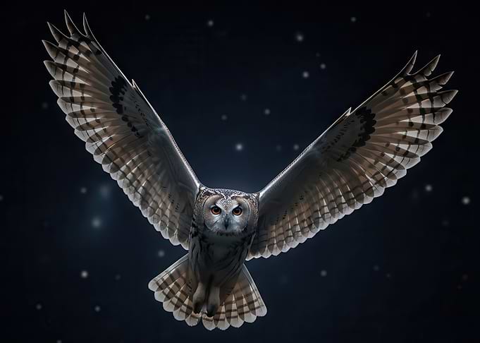 Owl in flight at night