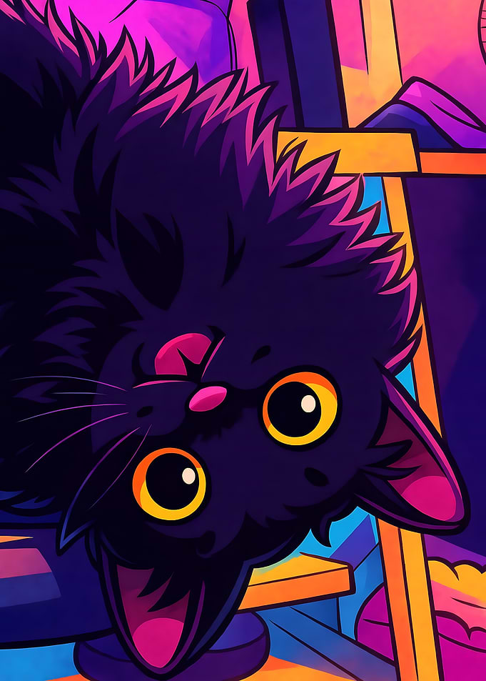 Upside Down Black Cat with Big Eyes