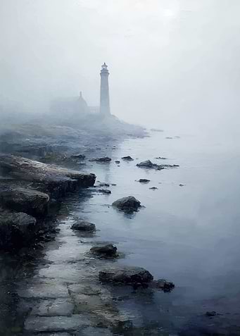 Misty Lighthouse on Rocky Coastline