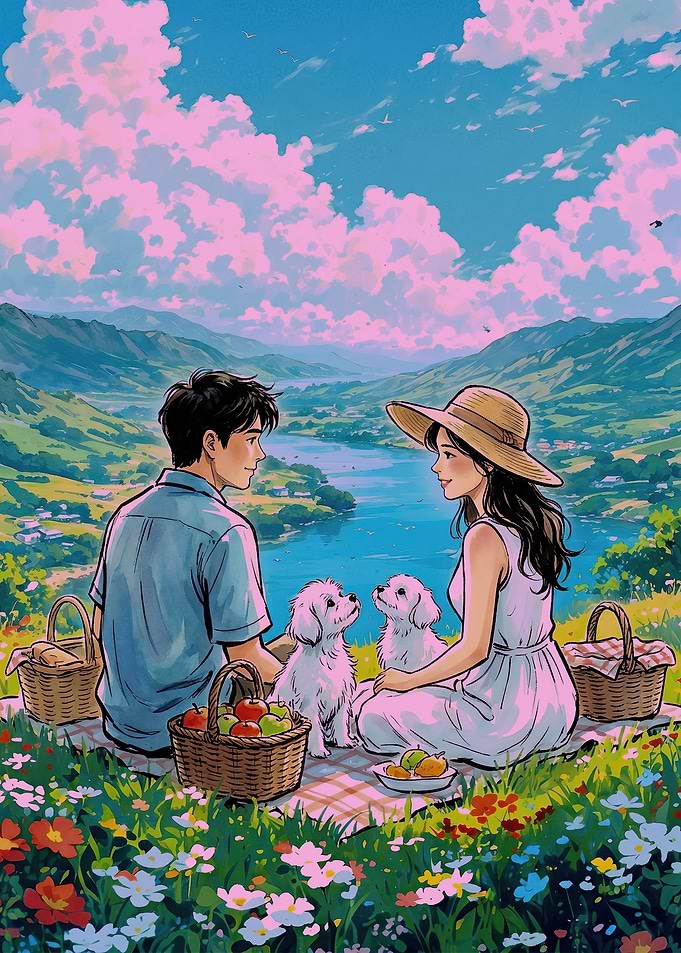 Couple Having a Picnic with Dogs