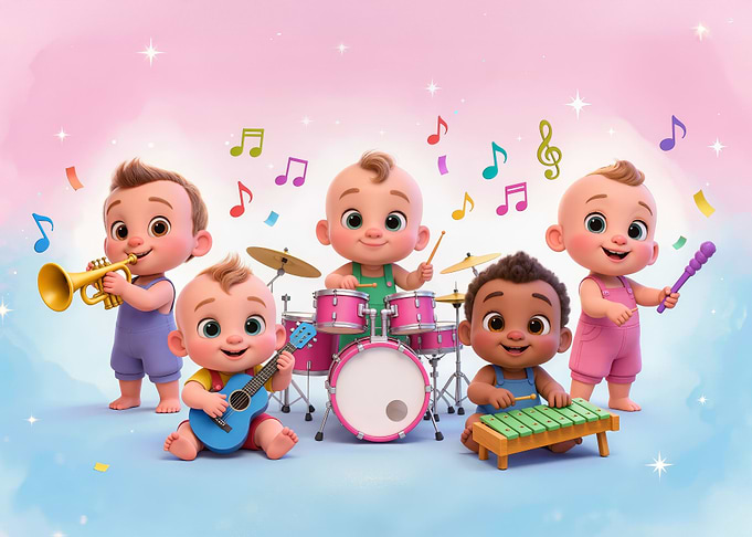Cute babies playing musical instruments
