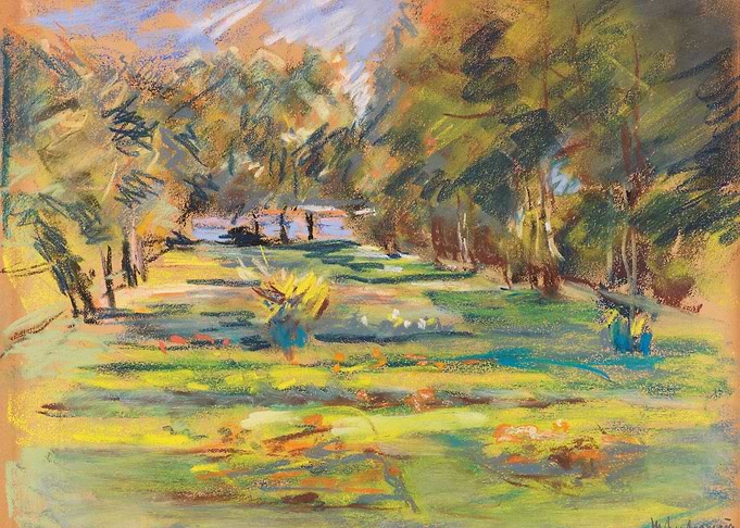 Pastel Landscape of a Park with Trees and Water