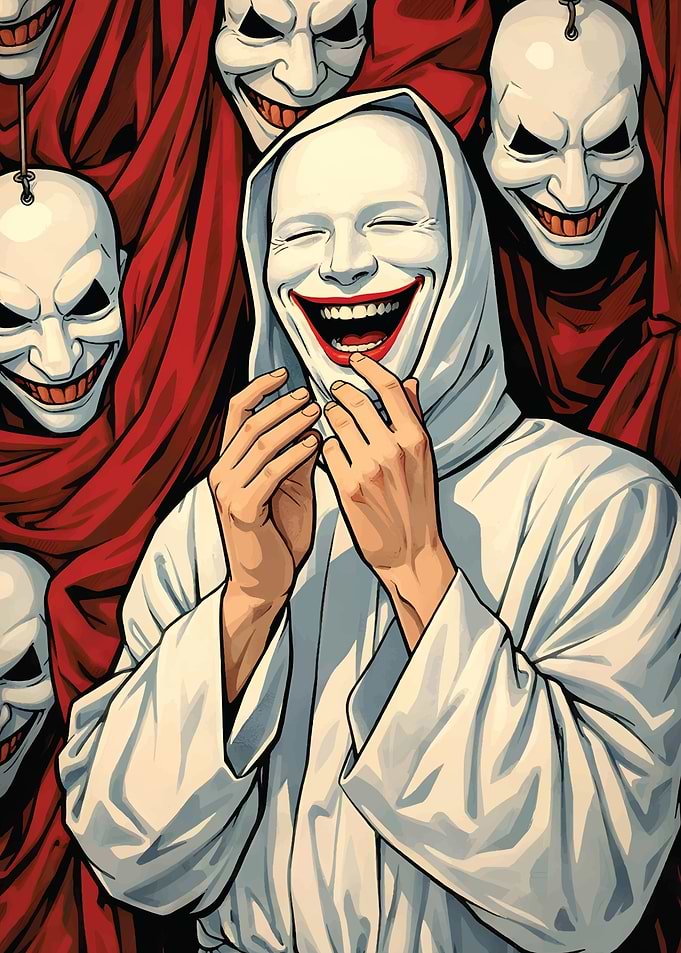 Creepy Joker Masks and Red Drapes