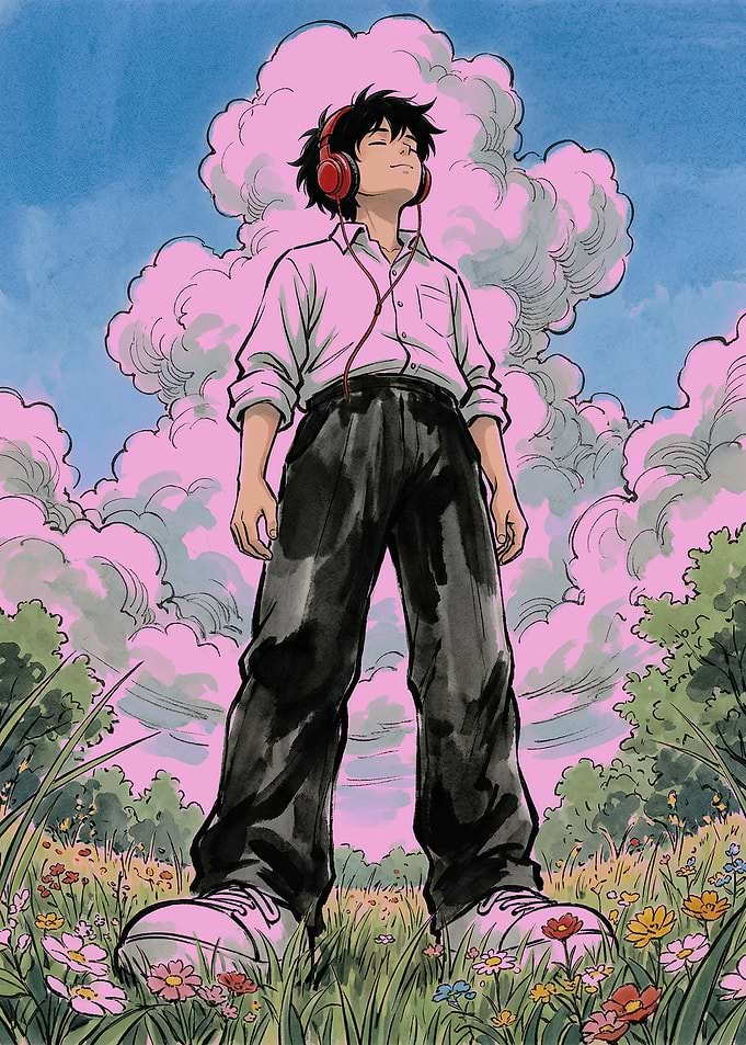 Boy listening to music in a field