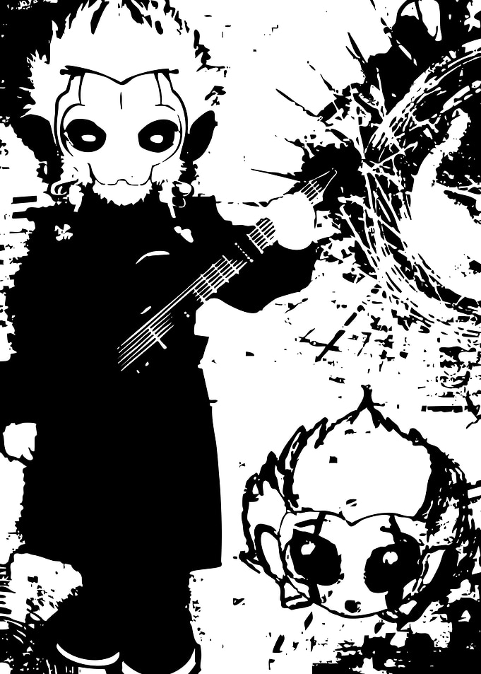 Anime character playing guitar with a smaller character