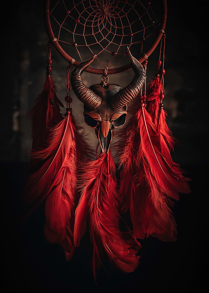 Gothic Dreamcatcher with Ram Skull and Red Feathers