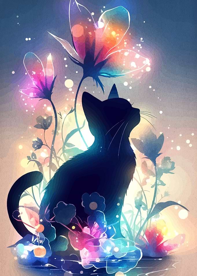 Black Cat Among Glowing Flowers