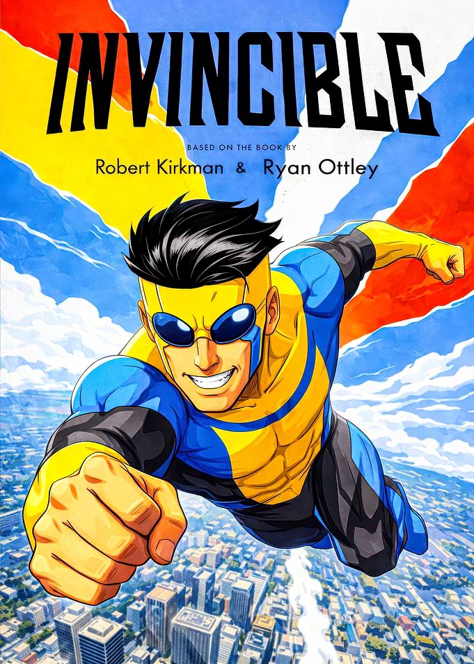Invincible flying over a city