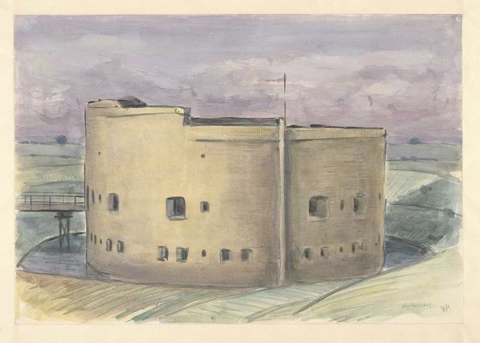Watercolor painting of a circular fort