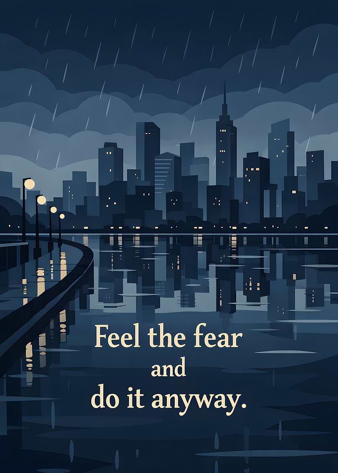 Cityscape in Rain with Inspirational Quote