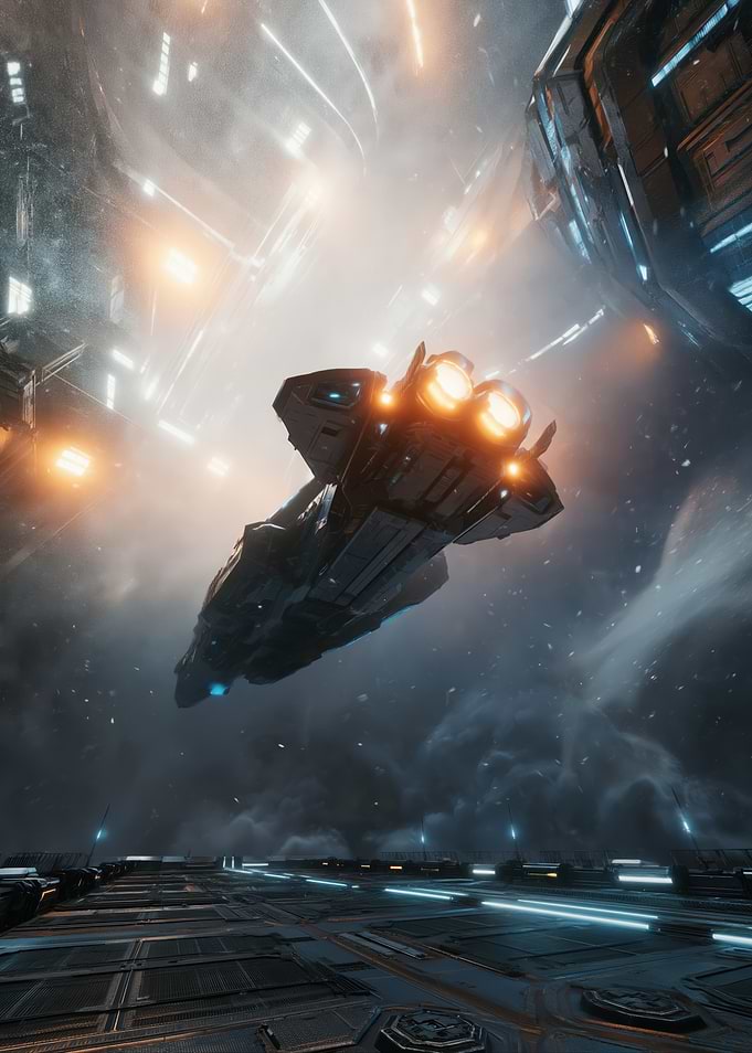 Spaceship in a Futuristic Space Station