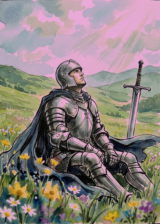 Knight in a field of flowers
