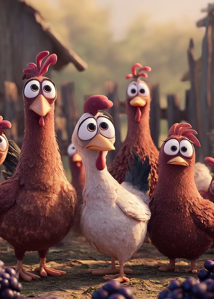 Funny Cartoon Chickens in a Farmyard