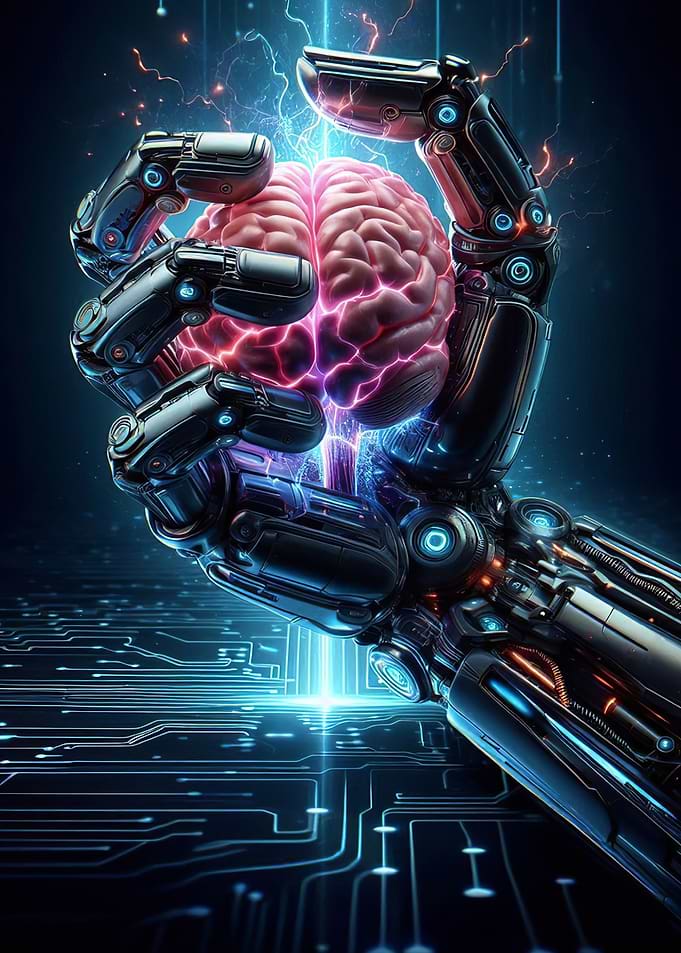 Robotic Hand Holding Glowing Brain