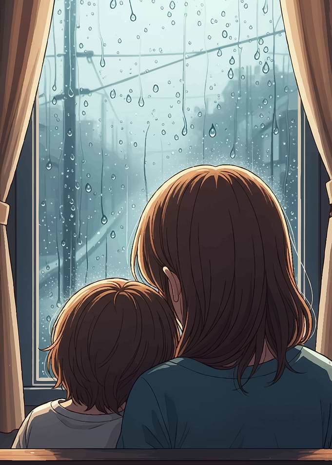 Mother and child watching rain