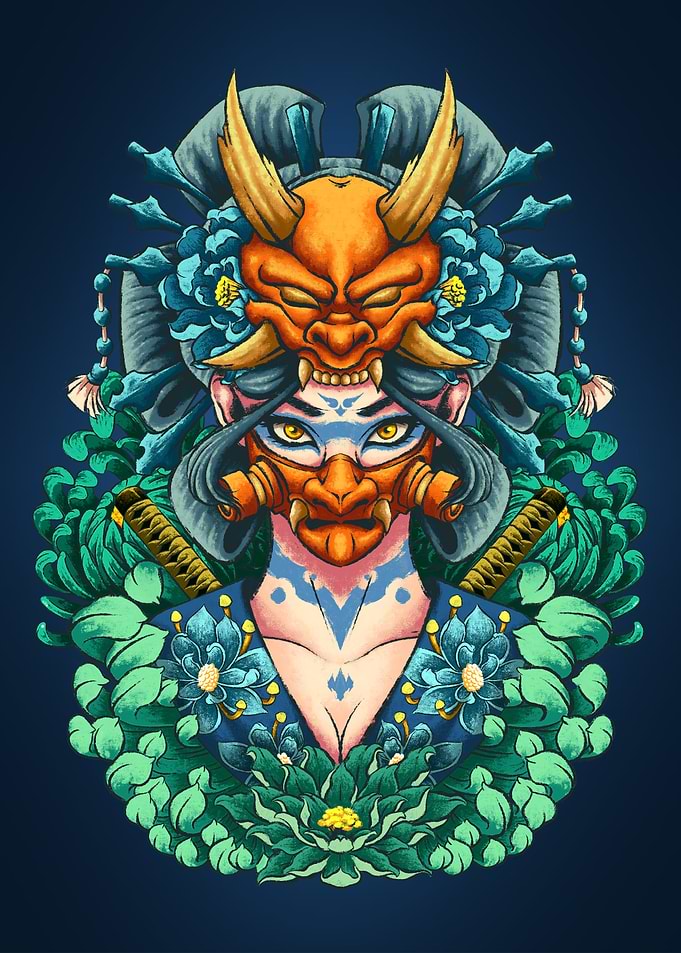 Geisha with Oni Masks and Bloosom Flowers