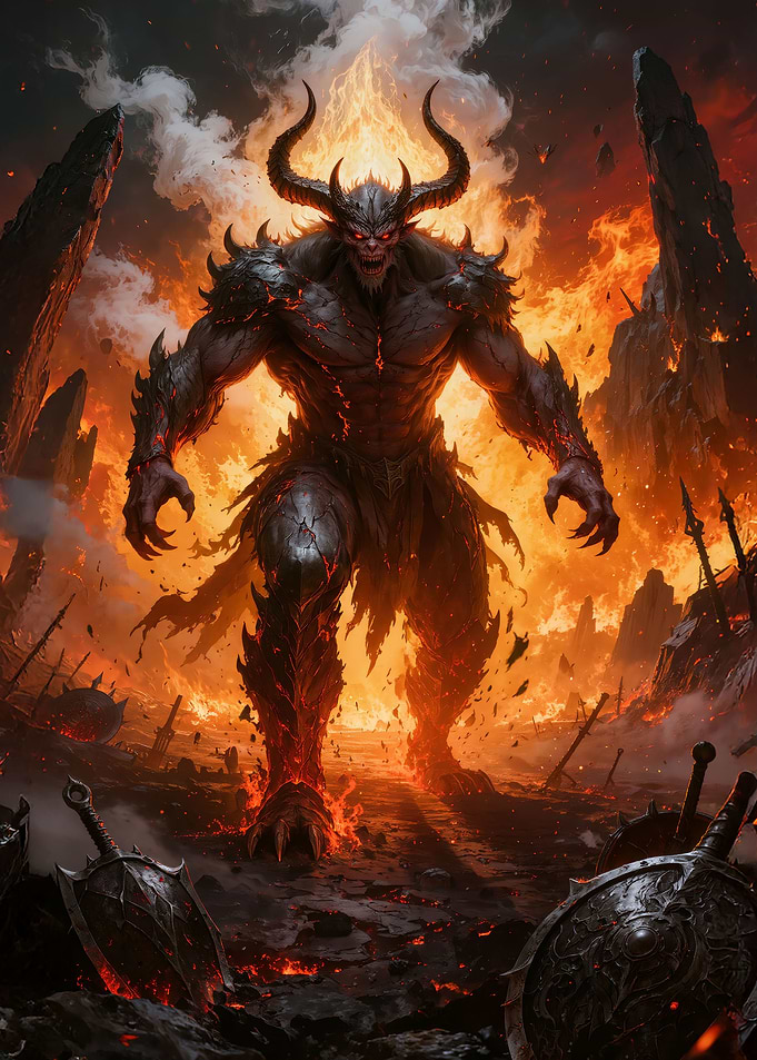 Demonic Warrior in Fiery Landscape