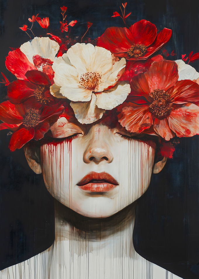 Woman with Flowers and Blood Tears