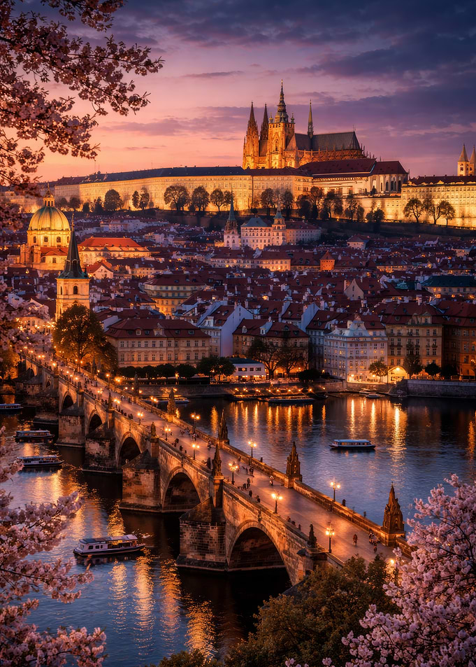 Prague Castle and Charles Bridge at Dusk